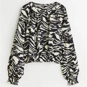 H&M Black and Cream Zebra‎ Swirl Print Smocked Blouse Size Medium EUC